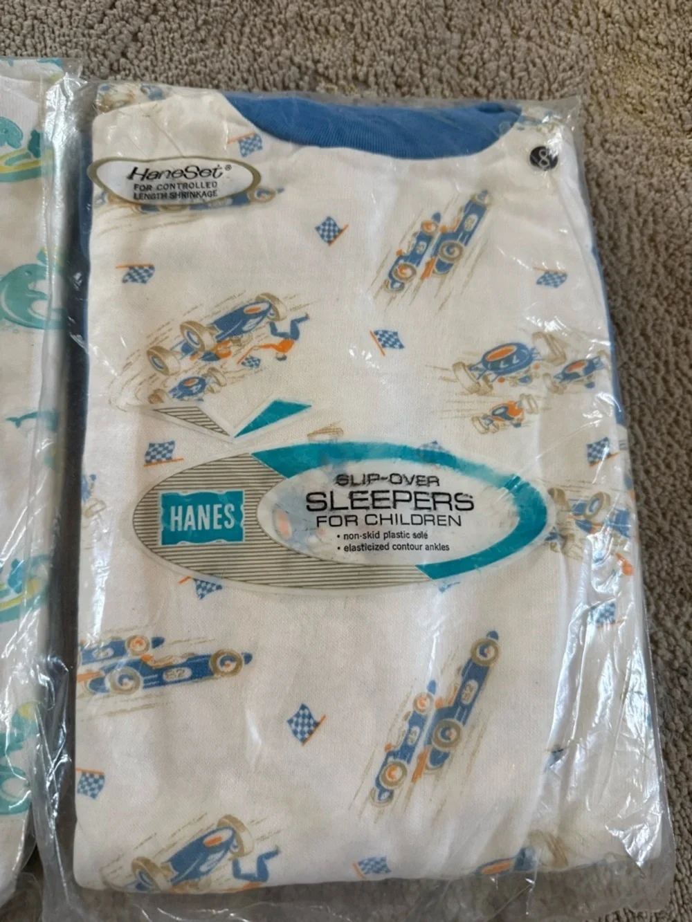 Vintage Hanes footed pajama white blue dolphins race cotton car new boys 8